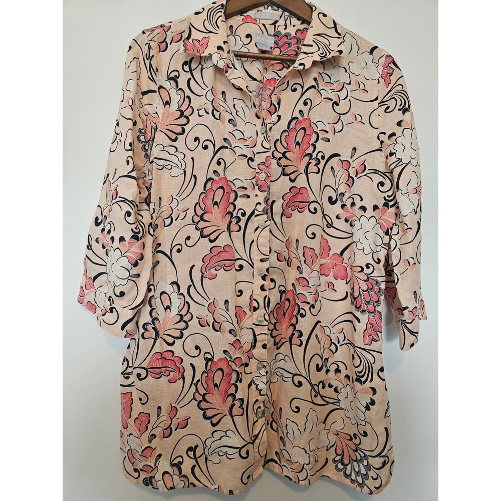 Boho Chico's Floral Linen Tunic Womens 2 L Peach Coral No-Iron 3/4 Sleeve Shirt